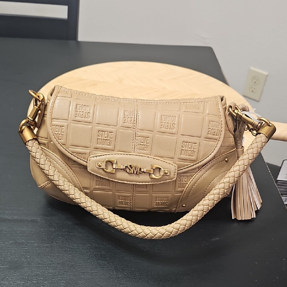 Steve Madden Beige Quilted Saddle Bag with Braided Handle